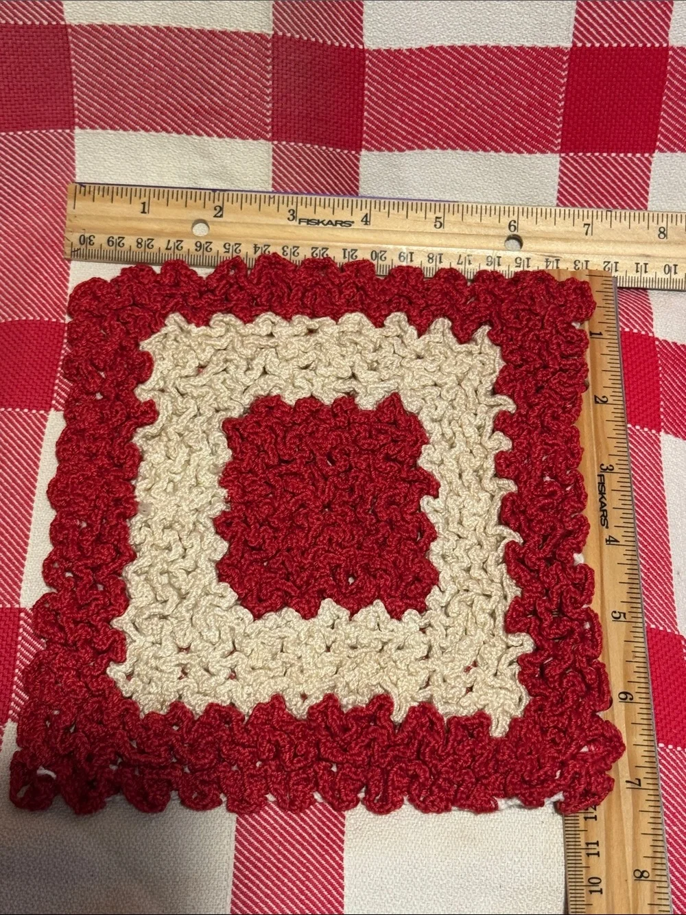 Handmade Red and Cream Crochet Pot Holder or Hot Pad for Table